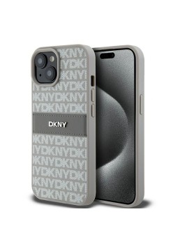 Husa iPhone 15 Plus - DKNY Leather Mono Stripe and Metal Logo (DKHCP15MPRTHSLE) - Beige