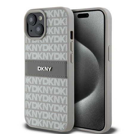 Husa iPhone 15 Plus - DKNY Leather Mono Stripe and Metal Logo (DKHCP15MPRTHSLE) - Beige