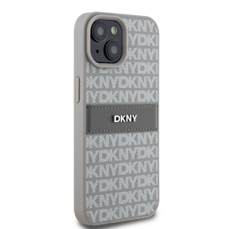 Husa iPhone 15 Plus - DKNY Leather Mono Stripe and Metal Logo (DKHCP15MPRTHSLE) - Beige