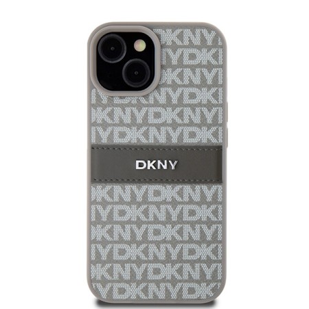 Husa iPhone 15 Plus - DKNY Leather Mono Stripe and Metal Logo (DKHCP15MPRTHSLE) - Beige