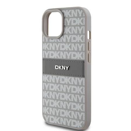 Husa iPhone 15 Plus - DKNY Leather Mono Stripe and Metal Logo (DKHCP15MPRTHSLE) - Beige