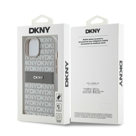 Husa iPhone 15 Plus - DKNY Leather Mono Stripe and Metal Logo (DKHCP15MPRTHSLE) - Beige