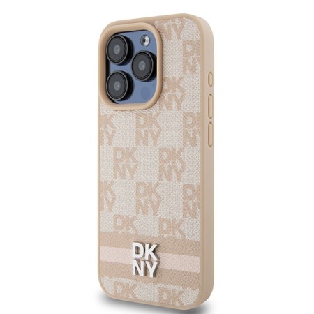 Husa iPhone 15 Pro Max - DKNY Leather Checkered Mono Pattern and Printed Stripes (DKHCP15XPCPTSSP) - Pink