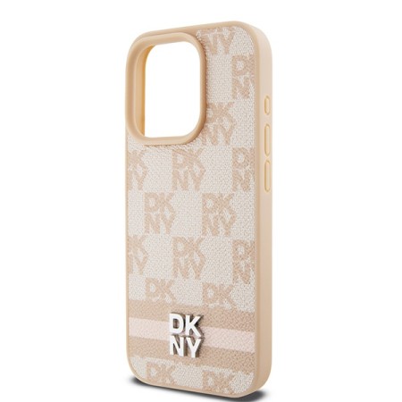 Husa iPhone 15 Pro Max - DKNY Leather Checkered Mono Pattern and Printed Stripes (DKHCP15XPCPTSSP) - Pink