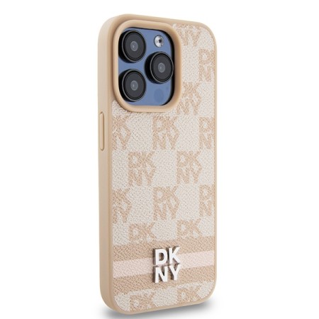 Husa iPhone 15 Pro Max - DKNY Leather Checkered Mono Pattern and Printed Stripes (DKHCP15XPCPTSSP) - Pink