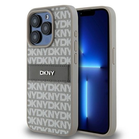 Husa iPhone 15 Pro Max - DKNY Leather Mono Stripe and Metal Logo (DKHCP15XPRTHSLE) - Beige