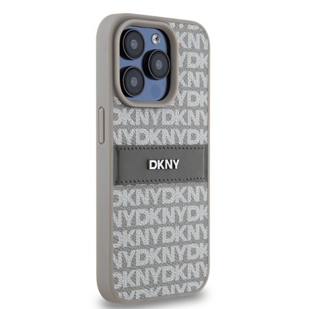 Husa iPhone 15 Pro Max - DKNY Leather Mono Stripe and Metal Logo (DKHCP15XPRTHSLE) - Beige