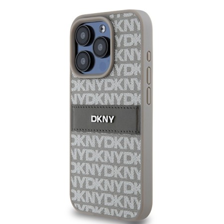 Husa iPhone 15 Pro Max - DKNY Leather Mono Stripe and Metal Logo (DKHCP15XPRTHSLE) - Beige