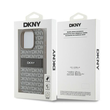 Husa iPhone 15 Pro Max - DKNY Leather Mono Stripe and Metal Logo (DKHCP15XPRTHSLE) - Beige