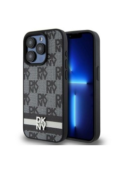 Husa iPhone 15 Pro Max - DKNY Leather Checkered Mono Pattern and Printed Stripes (DKHCP15XPCPTSSK) - Black