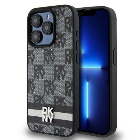 Husa iPhone 15 Pro Max - DKNY Leather Checkered Mono Pattern and Printed Stripes (DKHCP15XPCPTSSK) - Black