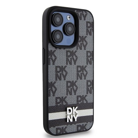 Husa iPhone 15 Pro Max - DKNY Leather Checkered Mono Pattern and Printed Stripes (DKHCP15XPCPTSSK) - Black