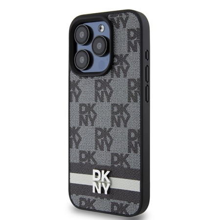 Husa iPhone 15 Pro Max - DKNY Leather Checkered Mono Pattern and Printed Stripes (DKHCP15XPCPTSSK) - Black