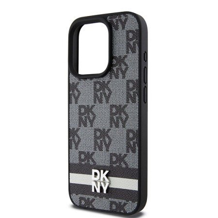 Husa iPhone 15 Pro Max - DKNY Leather Checkered Mono Pattern and Printed Stripes (DKHCP15XPCPTSSK) - Black