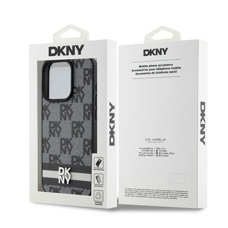 Husa iPhone 15 Pro Max - DKNY Leather Checkered Mono Pattern and Printed Stripes (DKHCP15XPCPTSSK) - Black