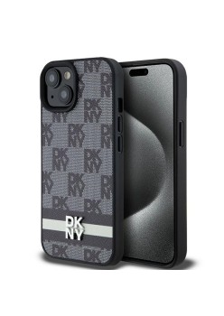 Husa iPhone 15 Plus - DKNY Leather Checkered Mono Pattern and Printed Stripes (DKHCP15MPCPTSSK) - Black