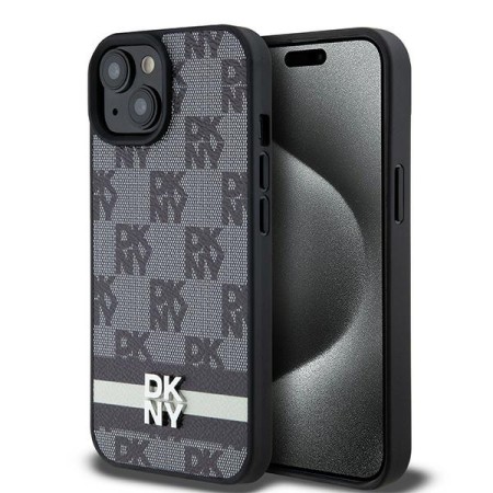 Husa iPhone 15 Plus - DKNY Leather Checkered Mono Pattern and Printed Stripes (DKHCP15MPCPTSSK) - Black