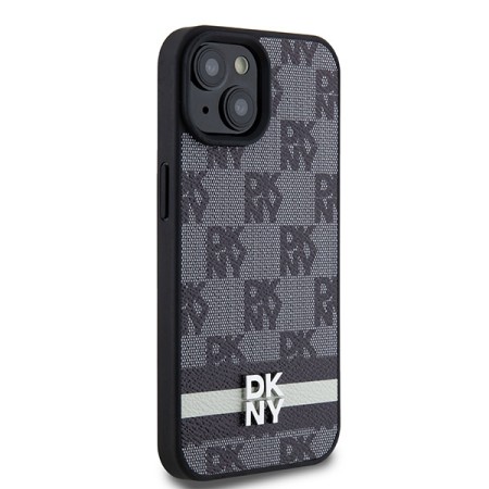 Husa iPhone 15 Plus - DKNY Leather Checkered Mono Pattern and Printed Stripes (DKHCP15MPCPTSSK) - Black