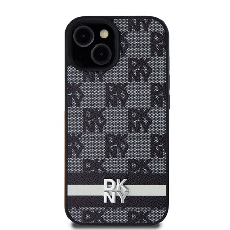 Husa iPhone 15 Plus - DKNY Leather Checkered Mono Pattern and Printed Stripes (DKHCP15MPCPTSSK) - Black