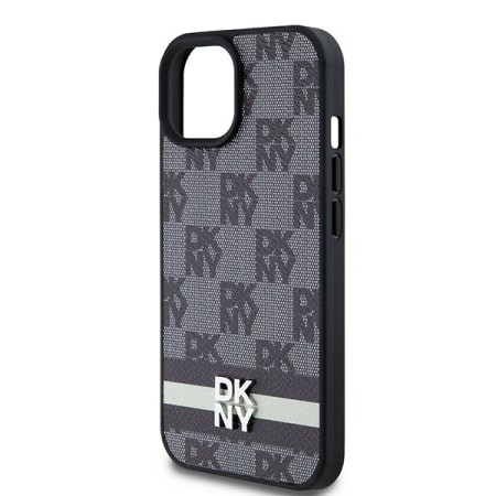 Husa iPhone 15 Plus - DKNY Leather Checkered Mono Pattern and Printed Stripes (DKHCP15MPCPTSSK) - Black