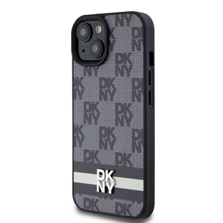 Husa iPhone 15 Plus - DKNY Leather Checkered Mono Pattern and Printed Stripes (DKHCP15MPCPTSSK) - Black