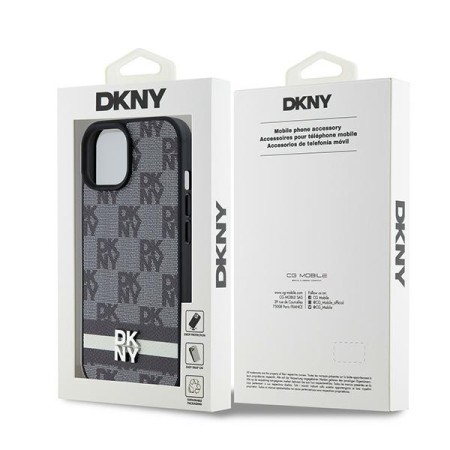 Husa iPhone 15 Plus - DKNY Leather Checkered Mono Pattern and Printed Stripes (DKHCP15MPCPTSSK) - Black