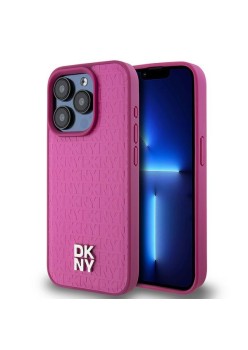 Husa iPhone 15 Pro - DKNY Leather Monogram Pattern Metal Logo MagSafe (DKHMP15LPSHRPSP) - Pink