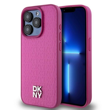 Husa iPhone 15 Pro - DKNY Leather Monogram Pattern Metal Logo MagSafe (DKHMP15LPSHRPSP) - Pink