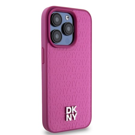 Husa iPhone 15 Pro - DKNY Leather Monogram Pattern Metal Logo MagSafe (DKHMP15LPSHRPSP) - Pink