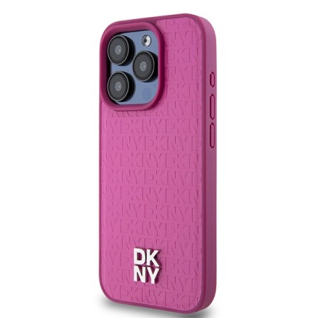 Husa iPhone 15 Pro - DKNY Leather Monogram Pattern Metal Logo MagSafe (DKHMP15LPSHRPSP) - Pink