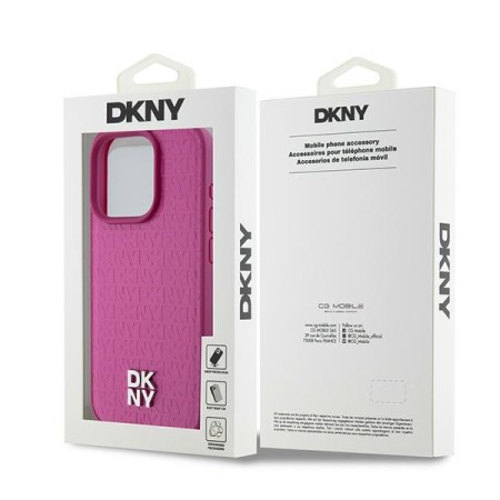 Husa iPhone 15 Pro - DKNY Leather Monogram Pattern Metal Logo MagSafe (DKHMP15LPSHRPSP) - Pink