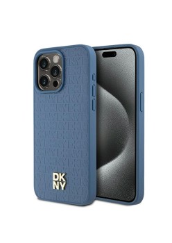 Husa iPhone 15 Pro Max - DKNY Leather Monogram Pattern Metal Logo MagSafe (DKHMP15XPSHRPSB) - Blue