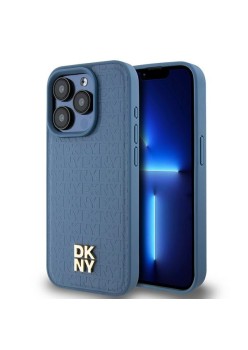 Husa iPhone 15 Pro - DKNY Leather Monogram Pattern Metal Logo MagSafe (DKHMP15LPSHRPSB) - Blue