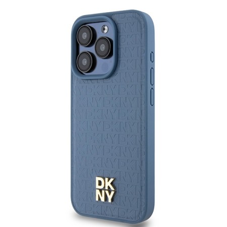 Husa iPhone 15 Pro - DKNY Leather Monogram Pattern Metal Logo MagSafe (DKHMP15LPSHRPSB) - Blue