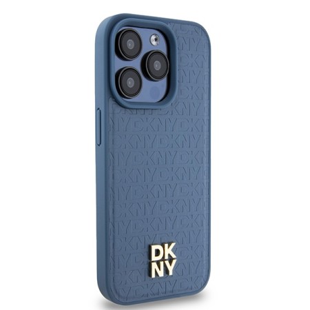 Husa iPhone 15 Pro - DKNY Leather Monogram Pattern Metal Logo MagSafe (DKHMP15LPSHRPSB) - Blue