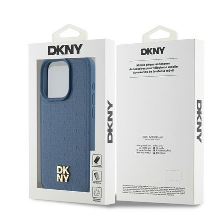 Husa iPhone 15 Pro - DKNY Leather Monogram Pattern Metal Logo MagSafe (DKHMP15LPSHRPSB) - Blue