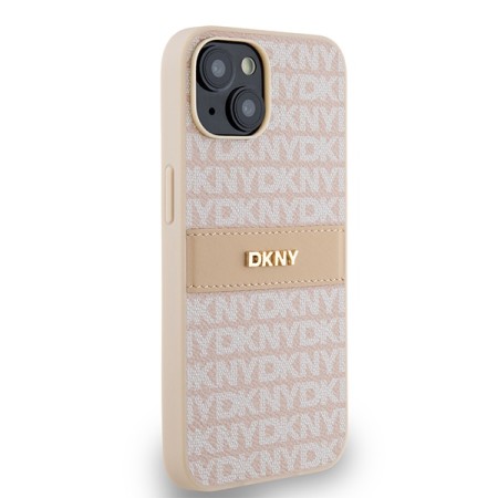 Husa iPhone 15 - DKNY Leather Mono Stripe and Metal Logo (DKHCP14SPRTHSLP) - Pink