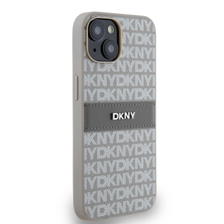 Husa iPhone 15 - DKNY Leather Mono Stripe and Metal Logo (DKHCP14SPRTHSLE) - Beige