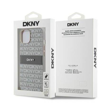 Husa iPhone 15 - DKNY Leather Mono Stripe and Metal Logo (DKHCP14SPRTHSLE) - Beige