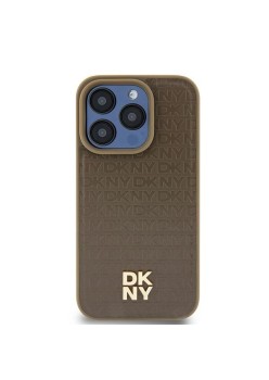 Husa iPhone 15 - DKNY Leather Pattern Metal Logo MagSafe (DKHMP14SPSHRPSW) - Brown