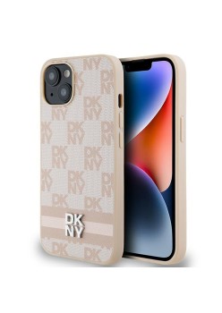 Husa iPhone 15 Plus - DKNY Leather Checkered Mono Pattern and Printed Stripes (DKHCP15MPCPTSSP) - Pink