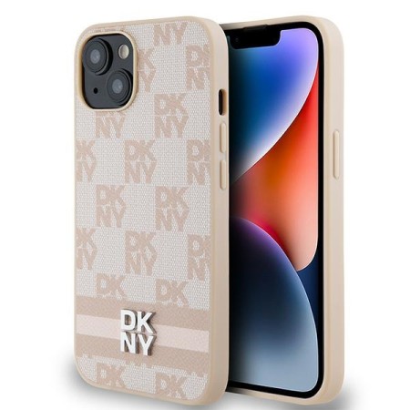 Husa iPhone 15 Plus - DKNY Leather Checkered Mono Pattern and Printed Stripes (DKHCP15MPCPTSSP) - Pink