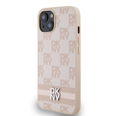 Husa iPhone 15 Plus - DKNY Leather Checkered Mono Pattern and Printed Stripes (DKHCP15MPCPTSSP) - Pink