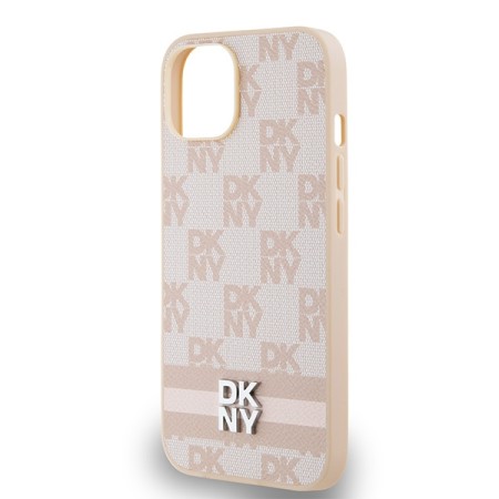 Husa iPhone 15 Plus - DKNY Leather Checkered Mono Pattern and Printed Stripes (DKHCP15MPCPTSSP) - Pink