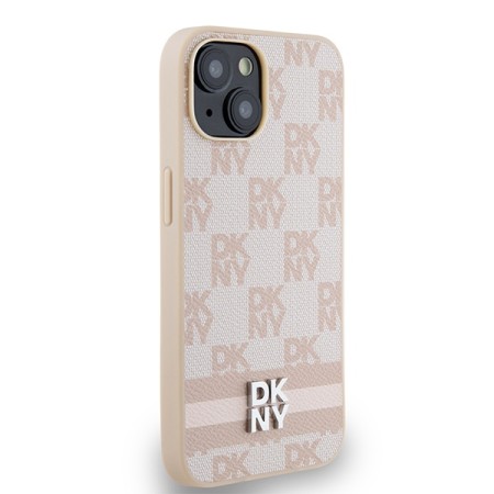 Husa iPhone 15 Plus - DKNY Leather Checkered Mono Pattern and Printed Stripes (DKHCP15MPCPTSSP) - Pink