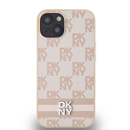 Husa iPhone 15 Plus - DKNY Leather Checkered Mono Pattern and Printed Stripes (DKHCP15MPCPTSSP) - Pink