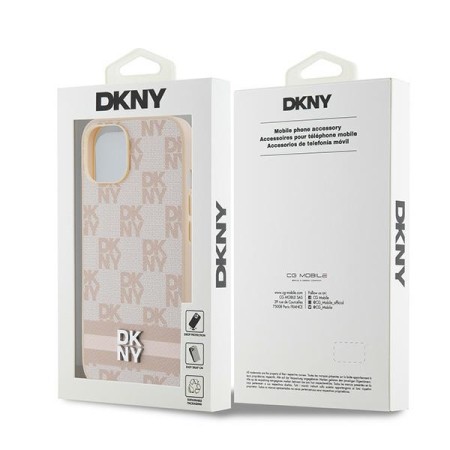 Husa iPhone 15 Plus - DKNY Leather Checkered Mono Pattern and Printed Stripes (DKHCP15MPCPTSSP) - Pink