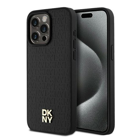 Husa iPhone 15 Pro Max - DKNY Leather Monogram Pattern Metal Logo MagSafe (DKHMP15XPSHRPSK) - Black