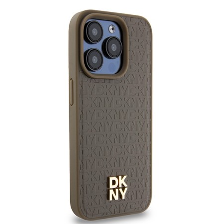 Husa iPhone 15 Pro - DKNY Leather Monogram Pattern Metal Logo MagSafe (DKHMP15LPSHRPSW) - Brown