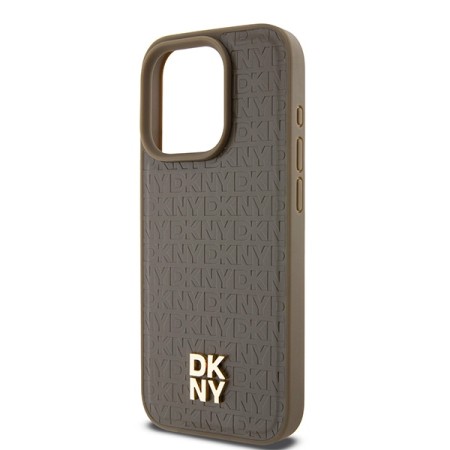 Husa iPhone 15 Pro - DKNY Leather Monogram Pattern Metal Logo MagSafe (DKHMP15LPSHRPSW) - Brown